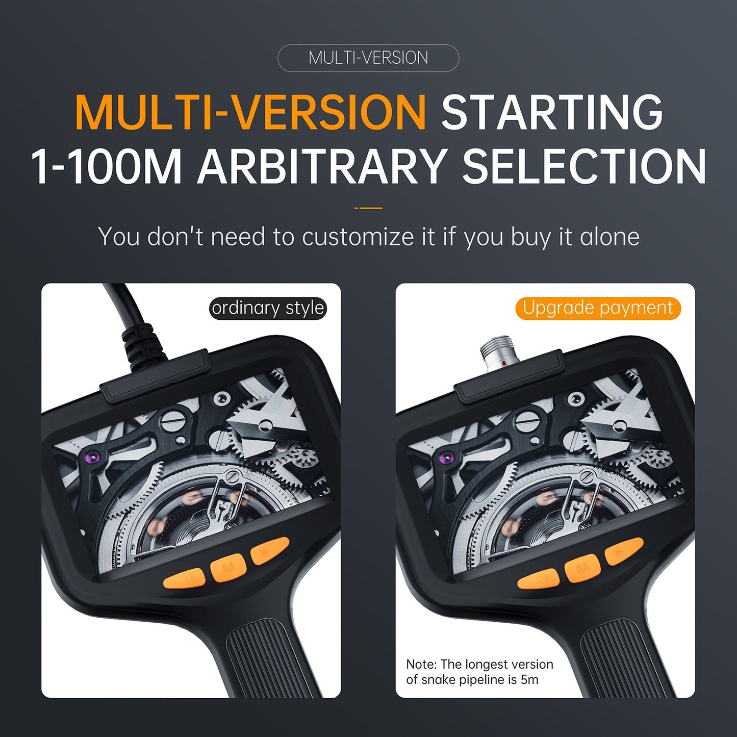 1080P HD Dual Lens Industrial Borescope Camera with 10m Flexible Cable, IP67 Waterproof, 9 LED Lights