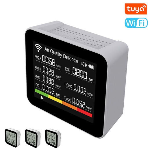 Tuya Smart WiFi Air Quality Monitor - 20 in 1 Indoor Detector for CO2, CO, TVOC, HCHO, PM2.5, PM1.0, PM10, Temperature, Humidity, with Alarm & App Control for Home/Office (Includes 3 Subunits)