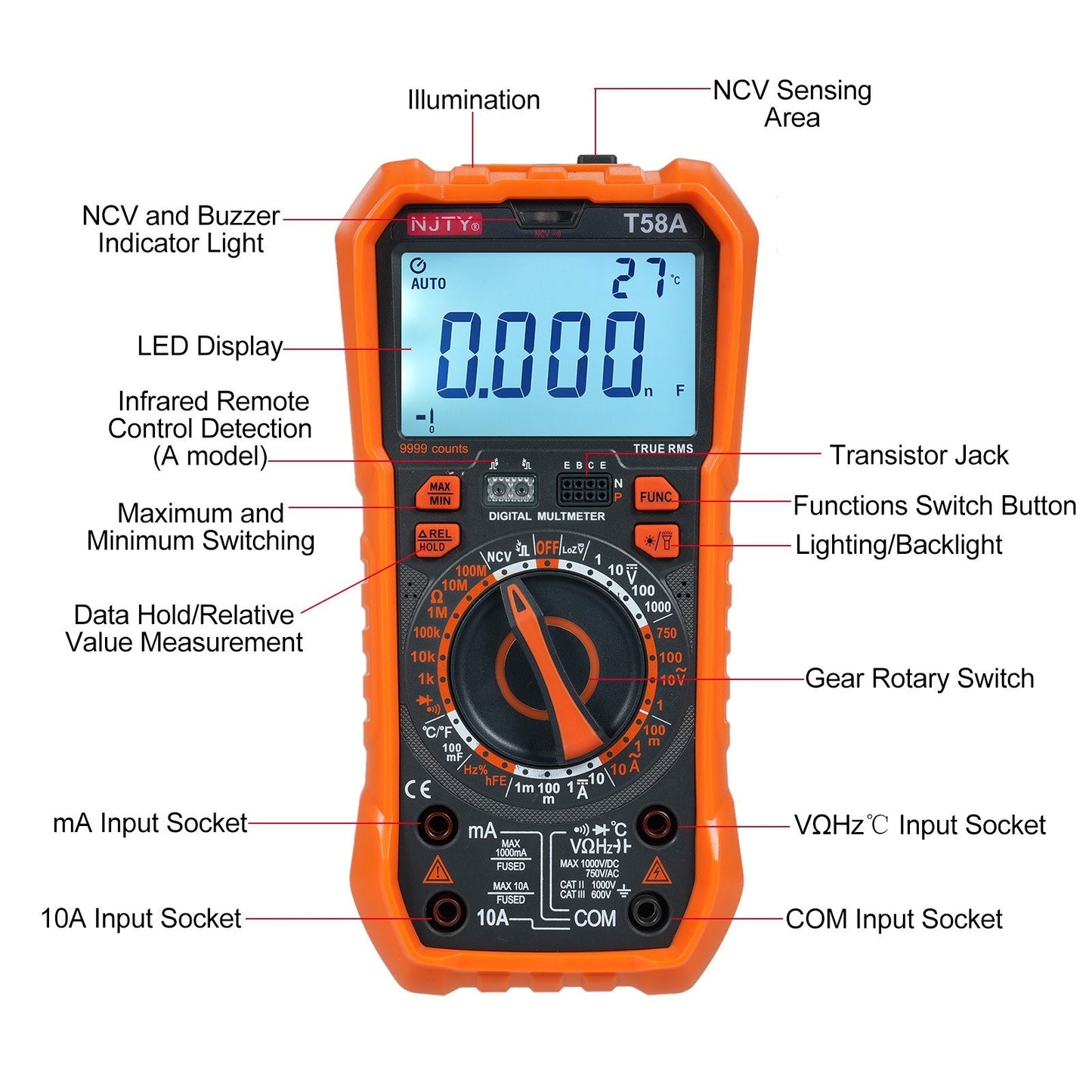 NJTY T58A 9999 Counts Digital Multimeter - Professional AC/DC Voltage, Capacitance Electrician Tool