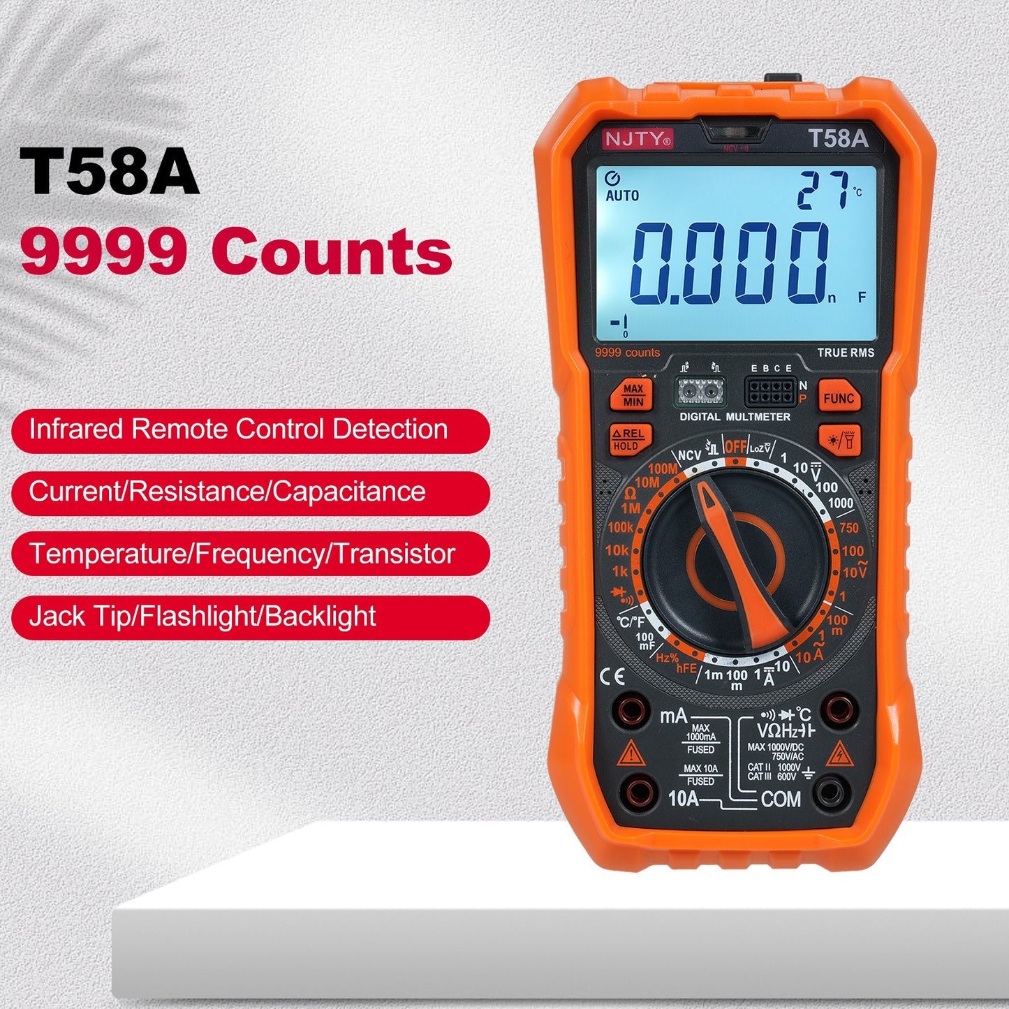 NJTY T58A 9999 Counts Digital Multimeter - Professional AC/DC Voltage, Capacitance Electrician Tool