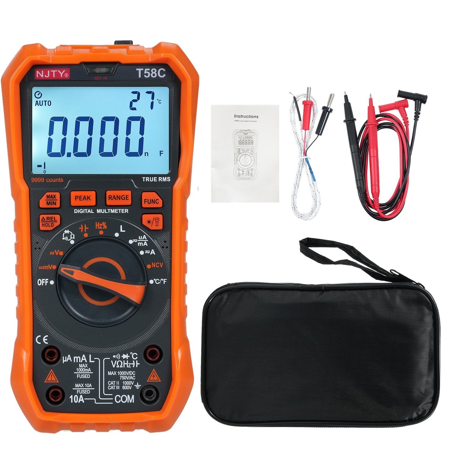 NJTY T58A 9999 Counts Digital Multimeter - Professional AC/DC Voltage, Capacitance Electrician Tool
