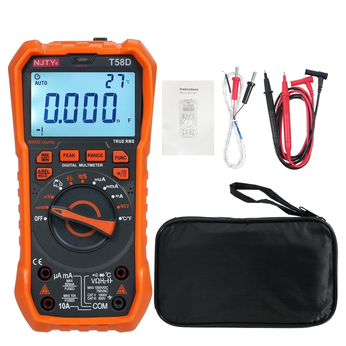 NJTY T58A 9999 Counts Digital Multimeter - Professional AC/DC Voltage, Capacitance Electrician Tool