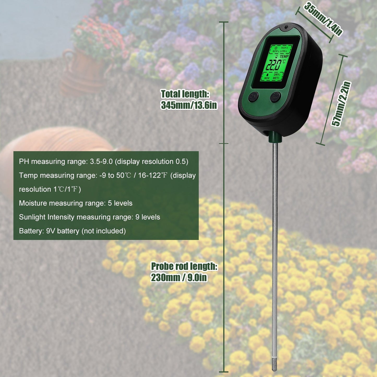 4-in-1 Soil Tester: pH, Moisture, Temperature & Sunlight Detector for Garden and Plant Care