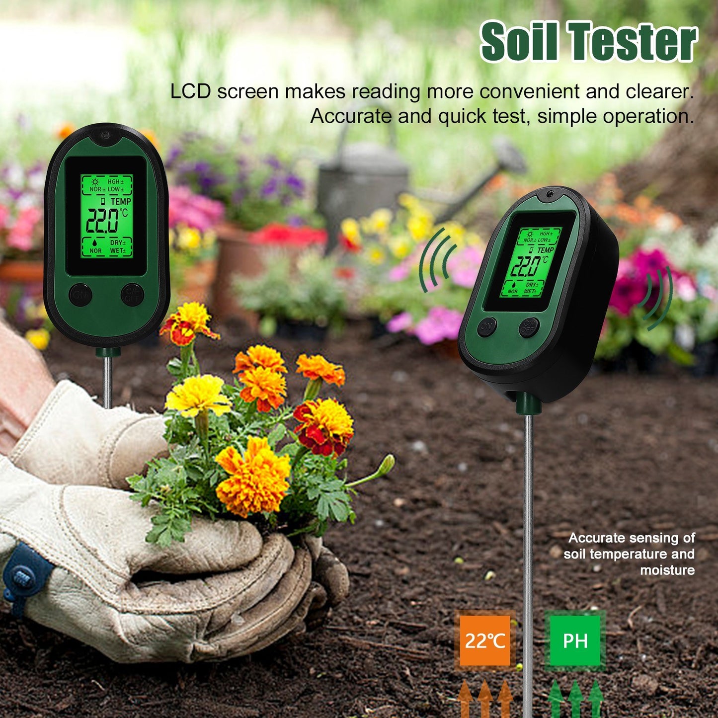 4-in-1 Soil Tester: pH, Moisture, Temperature & Sunlight Detector for Garden and Plant Care
