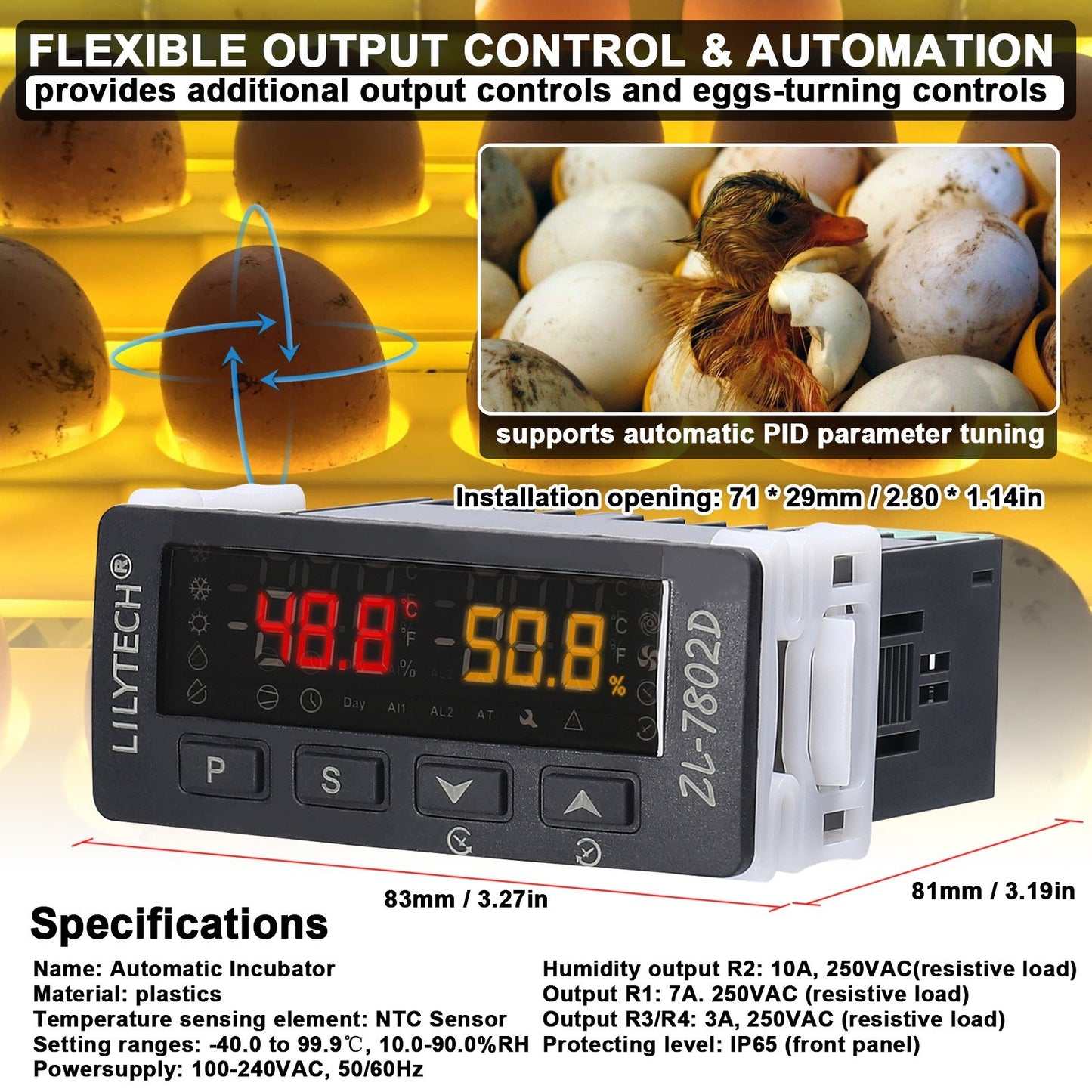 Automatic Egg Incubator with Digital Temperature and Humidity Controller - ZL-7802D PID Thermostat