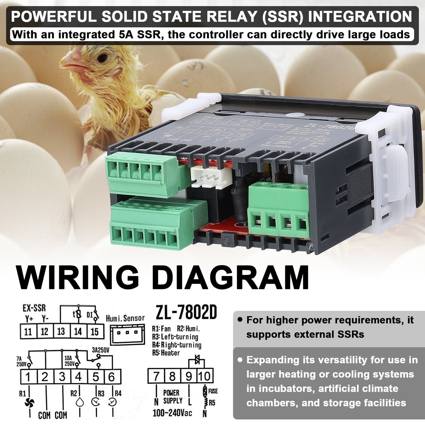 Automatic Egg Incubator with Digital Temperature and Humidity Controller - ZL-7802D PID Thermostat