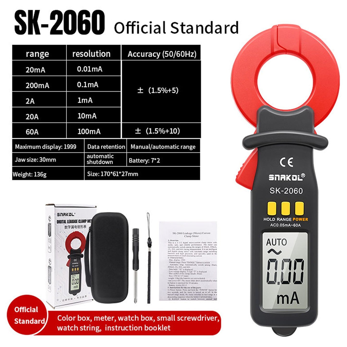 Auto-Ranging Digital Clamp Meter, 3.5-Digit, High Precision AC Measurement Tool, 30mm Jaw, Data Hold, Auto Power Off for Electrical & Technical Use
