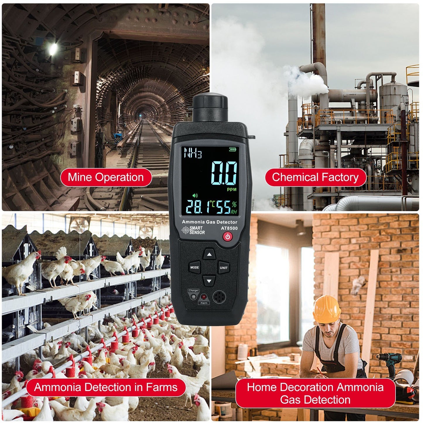 Ammonia Gas Detector NH3 Tester 0-100PPM with Large LCD Display - SMART SENSOR Handheld Digital Meter