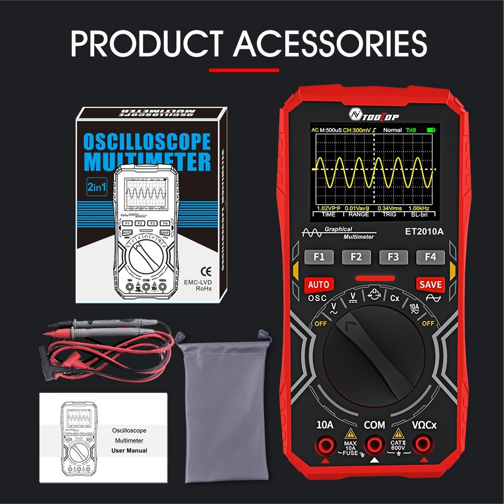 Handheld 2-in-1 Digital Oscilloscope Multimeter, 1MHz Bandwidth, 2.5Msps Sampling, Data Storage for DIY & Electronics Testing