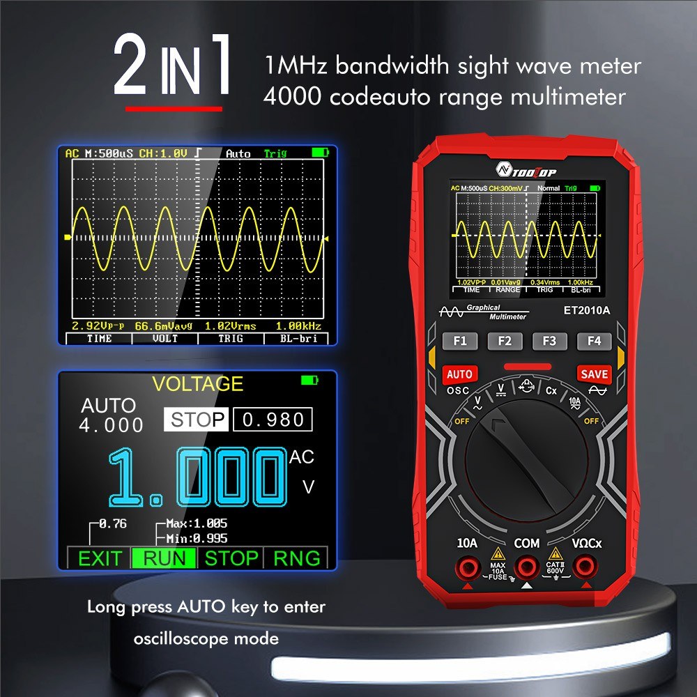 Handheld 2-in-1 Digital Oscilloscope Multimeter, 1MHz Bandwidth, 2.5Msps Sampling, Data Storage for DIY & Electronics Testing