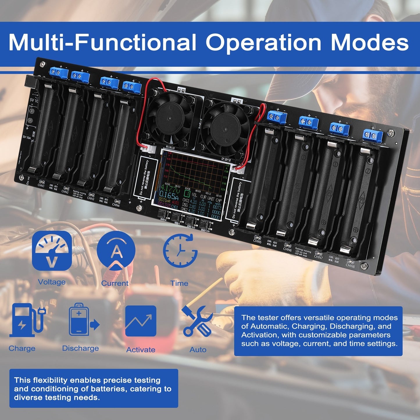 8-Channel 18650 Battery Tester with 2.4-inch TFT Display, Multi-Mode Testing, Enhanced Safety, and Intuitive Interface