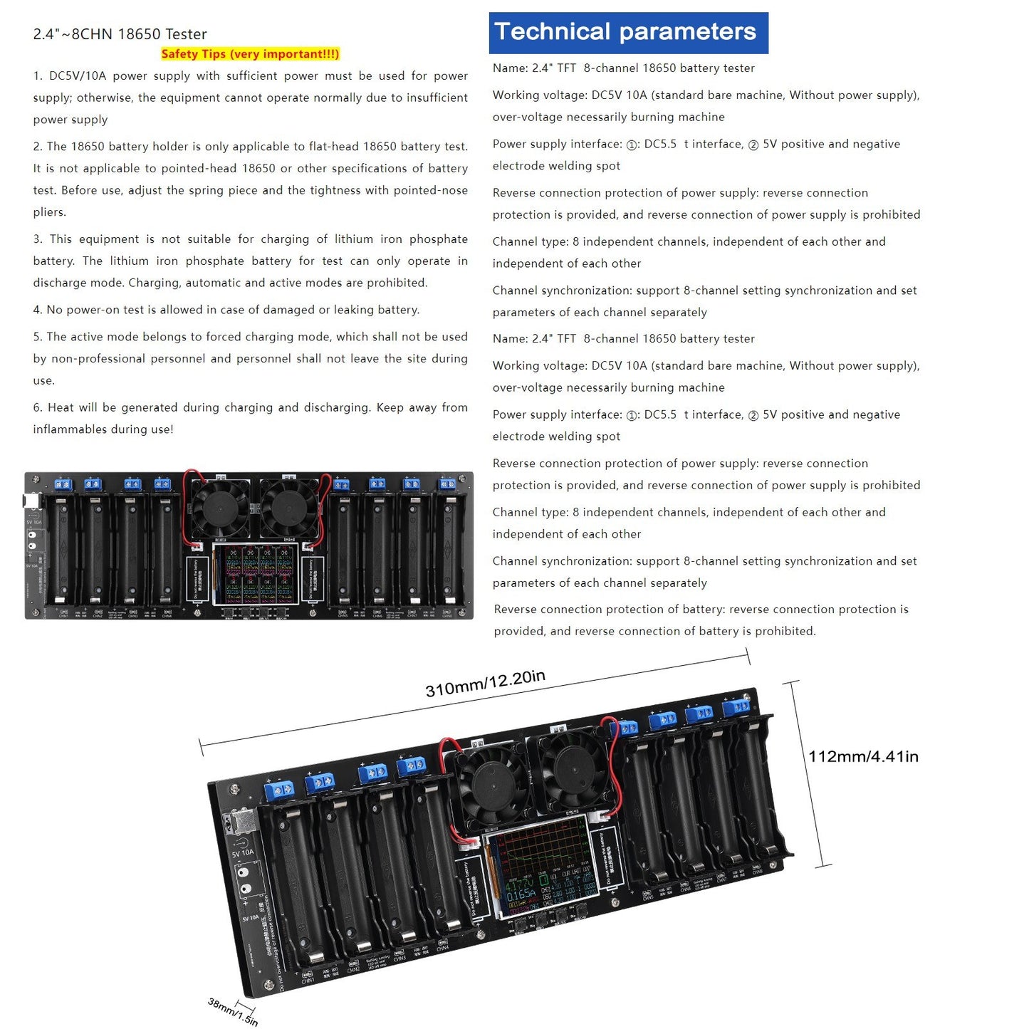 8-Channel 18650 Battery Tester with 2.4-inch TFT Display, Multi-Mode Testing, Enhanced Safety, and Intuitive Interface