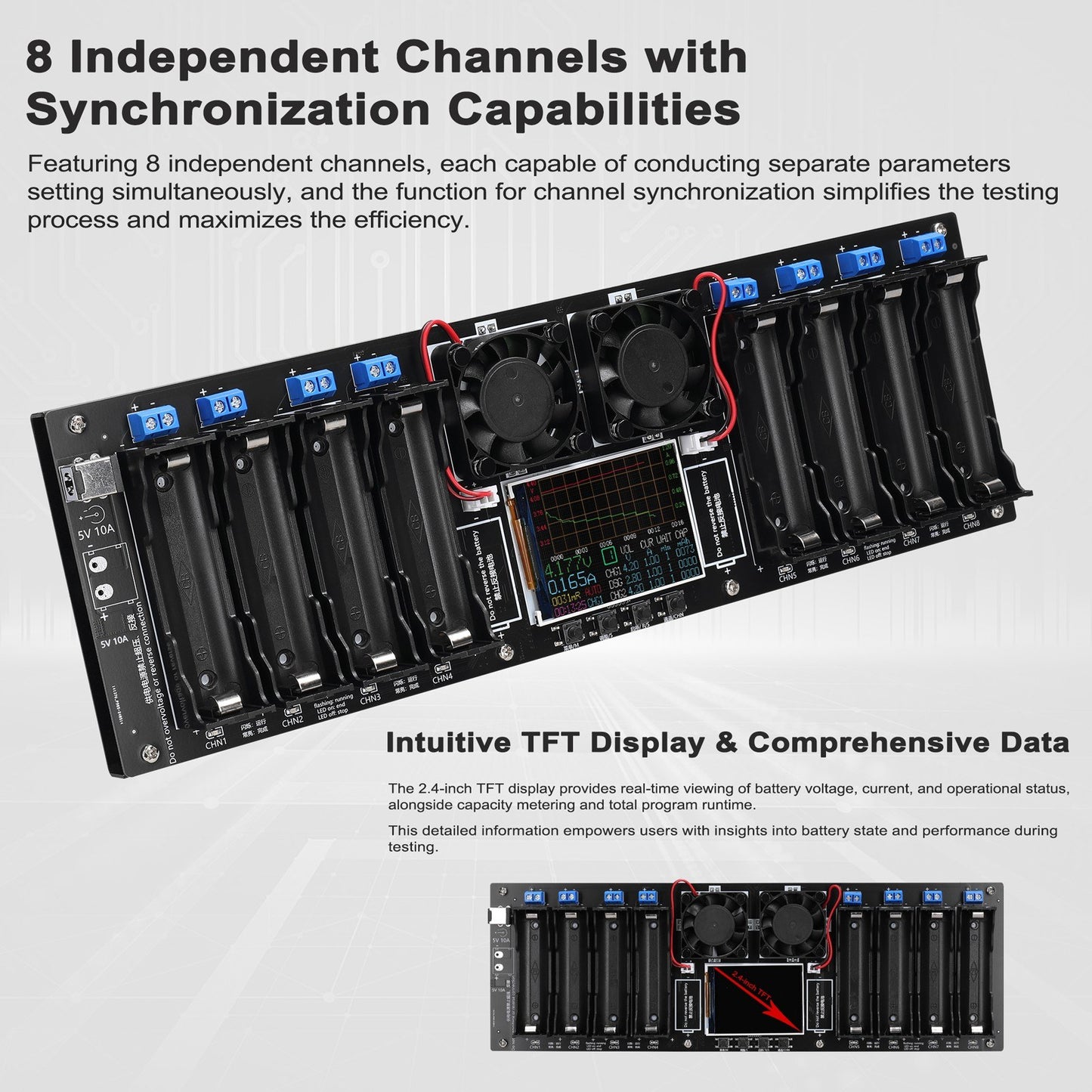8-Channel 18650 Battery Tester with 2.4-inch TFT Display, Multi-Mode Testing, Enhanced Safety, and Intuitive Interface