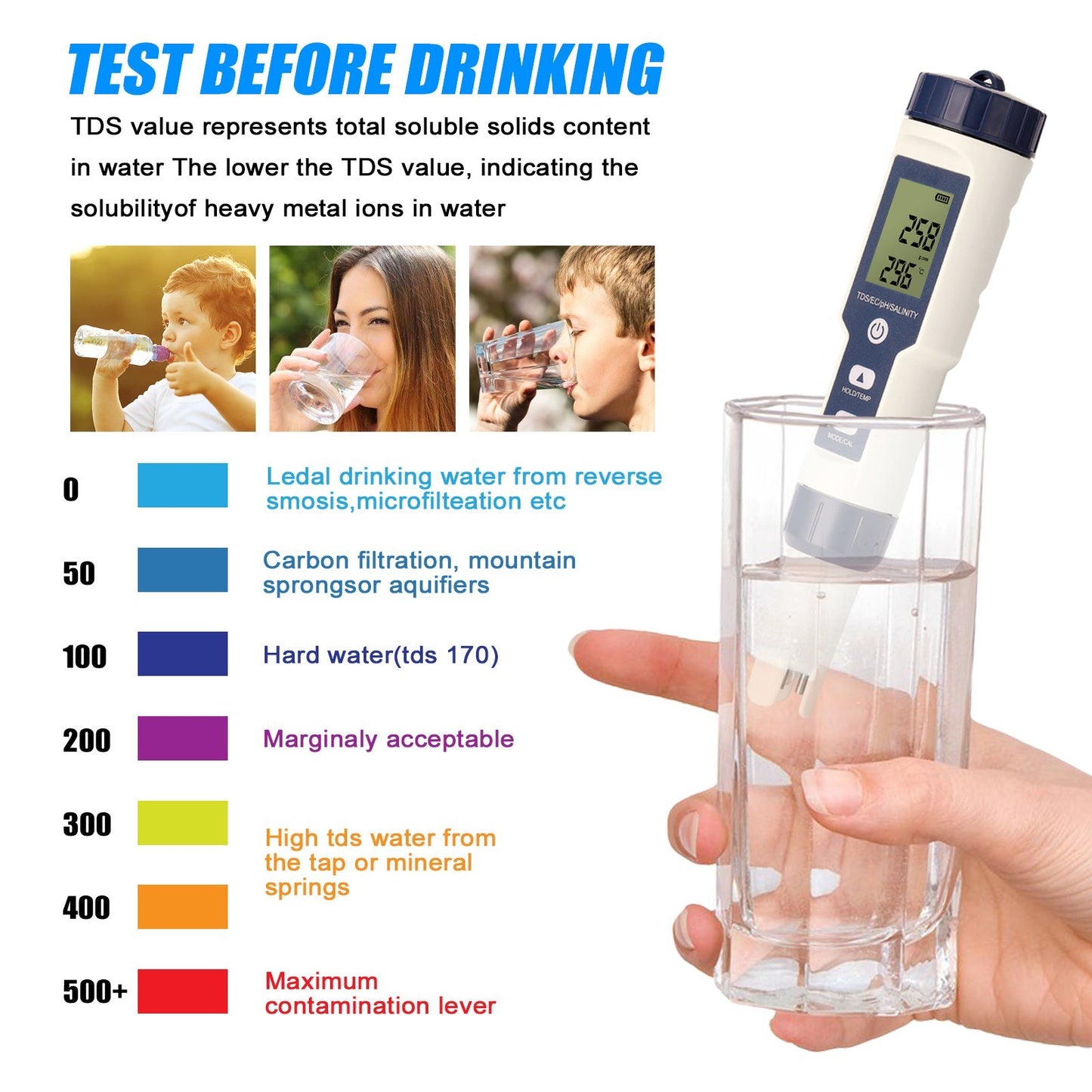 5-in-1 Professional Digital Water Quality Tester: PH, EC, TDS, Salinity, Thermometer Combo Meter