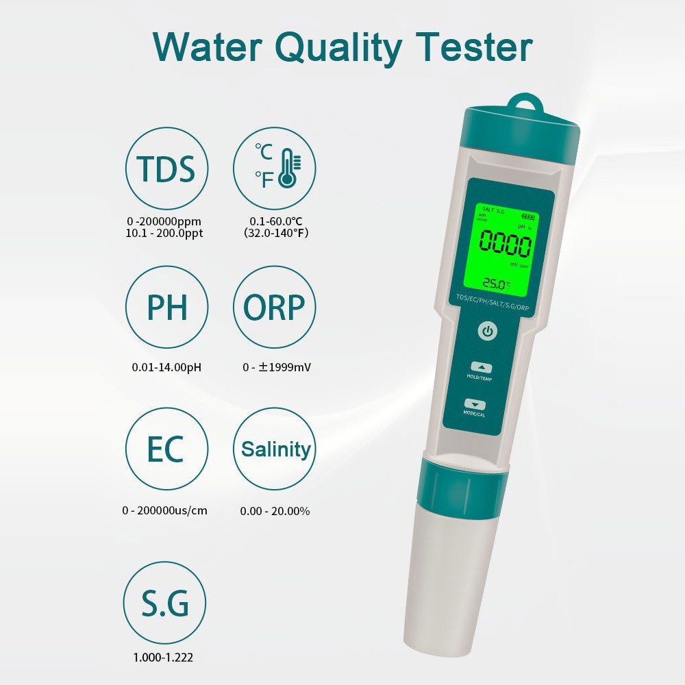 7-in-1 Multifunctional Digital Water Quality Tester | Portable & High Accuracy | PH/TDS/EC/Salinity/ORP/S.G/Temperature Measurement Tool