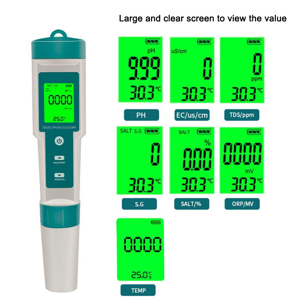 7-in-1 Multifunctional Digital Water Quality Tester | Portable & High Accuracy | PH/TDS/EC/Salinity/ORP/S.G/Temperature Measurement Tool