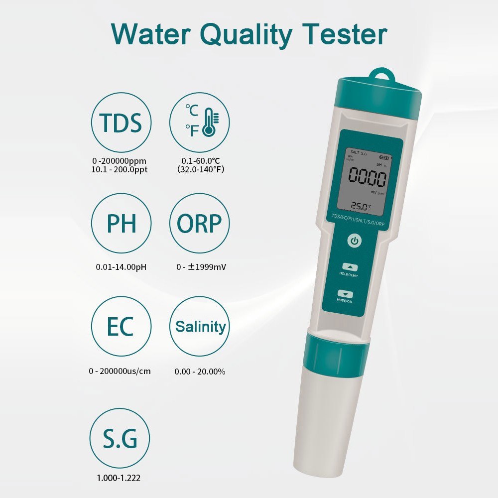 7-in-1 Multifunctional Digital Water Quality Tester | Portable & High Accuracy | PH/TDS/EC/Salinity/ORP/S.G/Temperature Measurement Tool