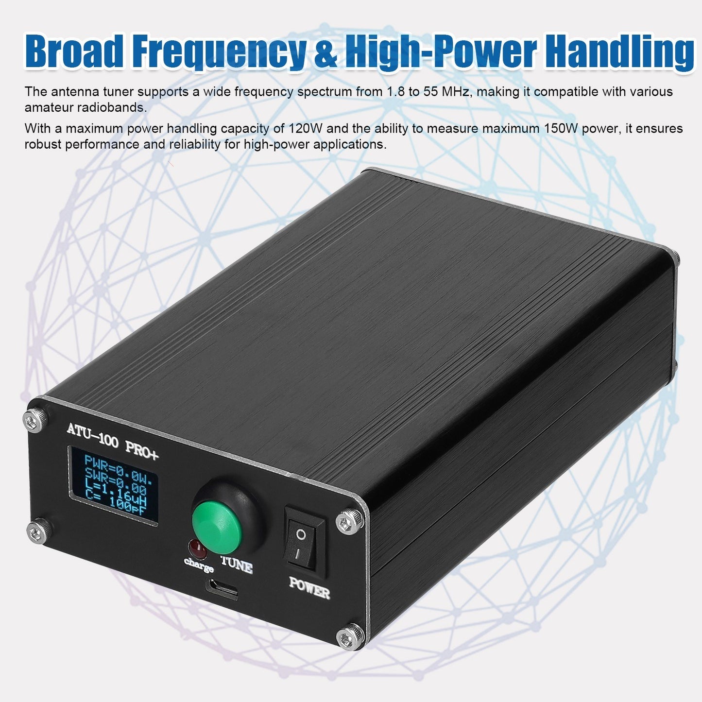 Portable Automatic Antenna Tuner 1.8-55MHz with 0.96-inch OLED Display