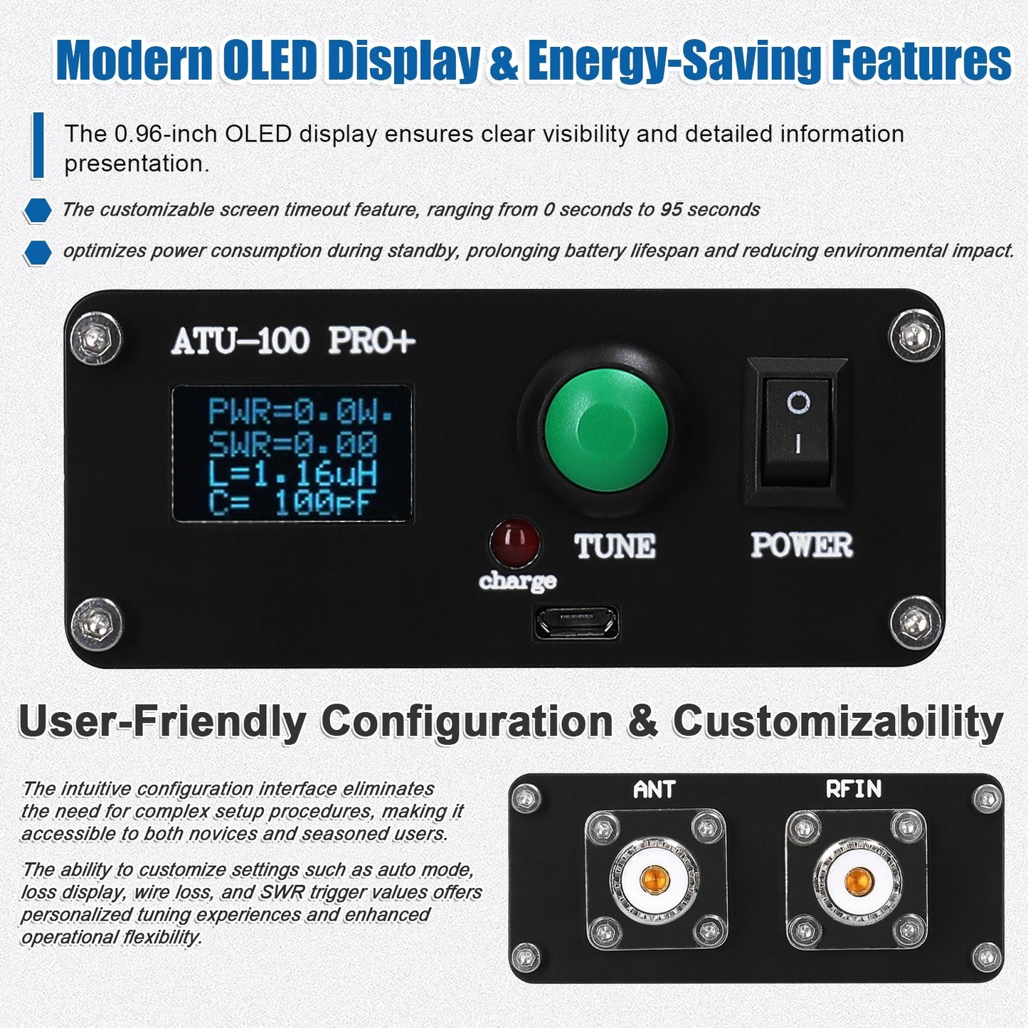 Portable Automatic Antenna Tuner 1.8-55MHz with 0.96-inch OLED Display