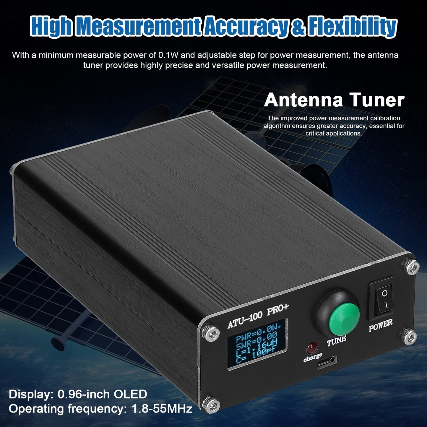 Portable Automatic Antenna Tuner 1.8-55MHz with 0.96-inch OLED Display