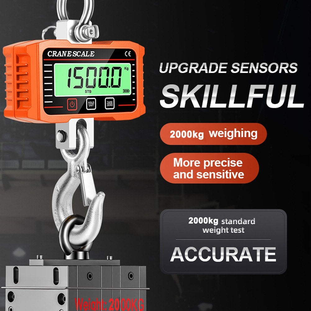 2000kg Digital Crane Scale with LCD Display and 3-Unit Conversion | Heavy Duty Portable Industrial Weighing Hook
