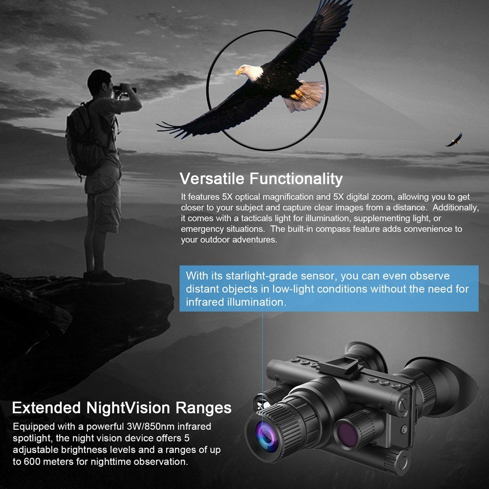 4K Digital Infrared Monocular Night Vision Telescope: 40MP, 600m Range, 5X Optical, 8X Digital Zoom for Outdoor Camping, Hunting, and Boating with Photo/Video Recording