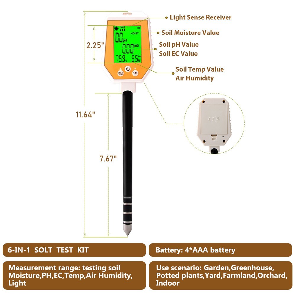 6-in-1 High Accuracy Soil Tester: pH, EC, Moisture, Light, Air Humidity, Temperature Digital Hygrometer with Removable Panel for Gardening & Farming