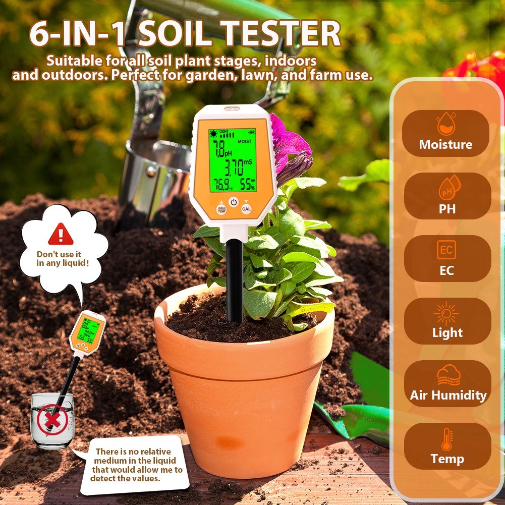 6-in-1 High Accuracy Soil Tester: pH, EC, Moisture, Light, Air Humidity, Temperature Digital Hygrometer with Removable Panel for Gardening & Farming