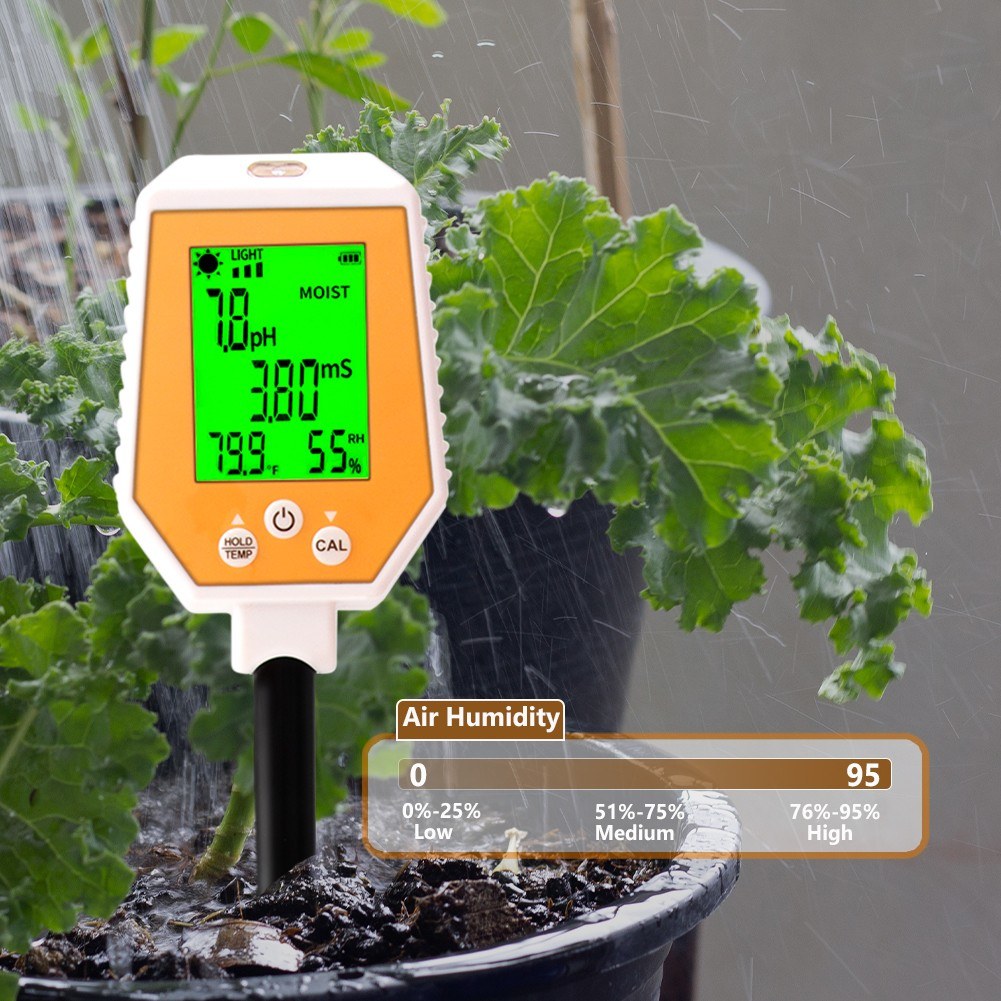 6-in-1 High Accuracy Soil Tester: pH, EC, Moisture, Light, Air Humidity, Temperature Digital Hygrometer with Removable Panel for Gardening & Farming