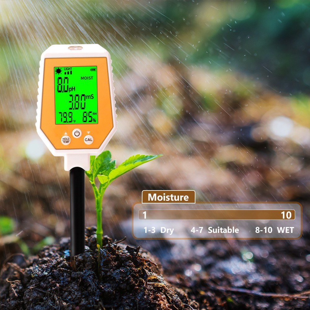 6-in-1 High Accuracy Soil Tester: pH, EC, Moisture, Light, Air Humidity, Temperature Digital Hygrometer with Removable Panel for Gardening & Farming