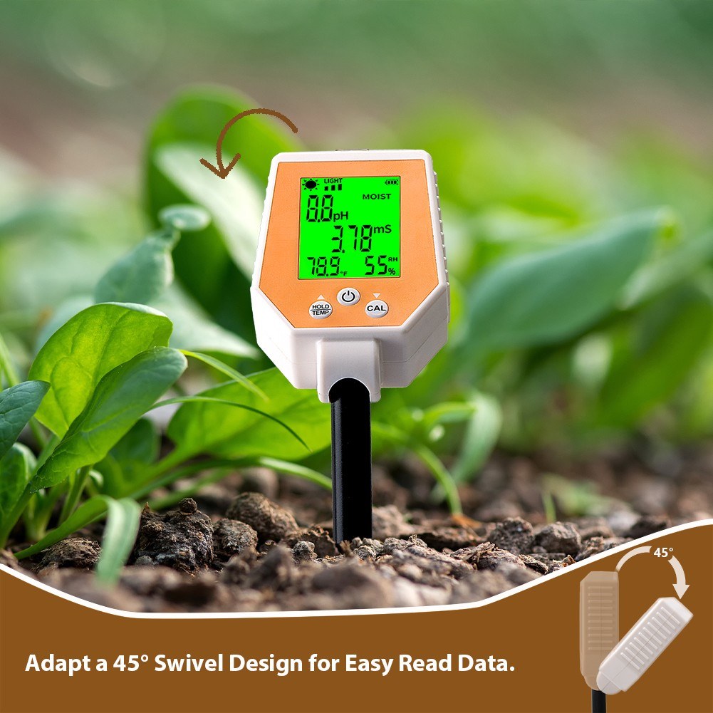 6-in-1 High Accuracy Soil Tester: pH, EC, Moisture, Light, Air Humidity, Temperature Digital Hygrometer with Removable Panel for Gardening & Farming