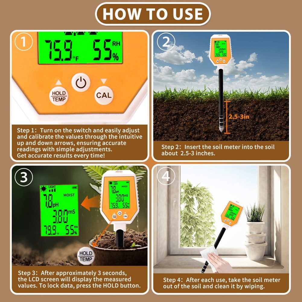 6-in-1 High Accuracy Soil Tester: pH, EC, Moisture, Light, Air Humidity, Temperature Digital Hygrometer with Removable Panel for Gardening & Farming
