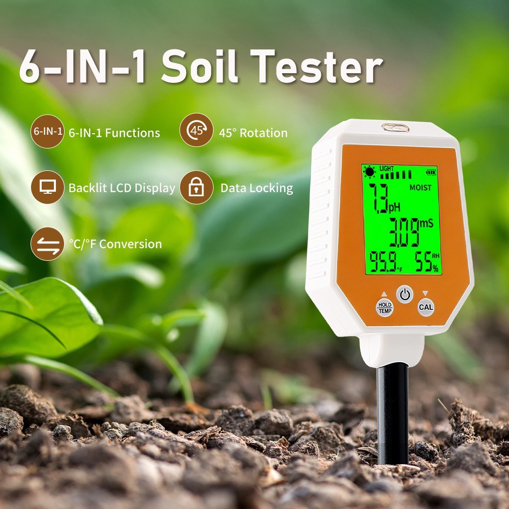 6-in-1 High Accuracy Soil Tester: pH, EC, Moisture, Light, Air Humidity, Temperature Digital Hygrometer with Removable Panel for Gardening & Farming