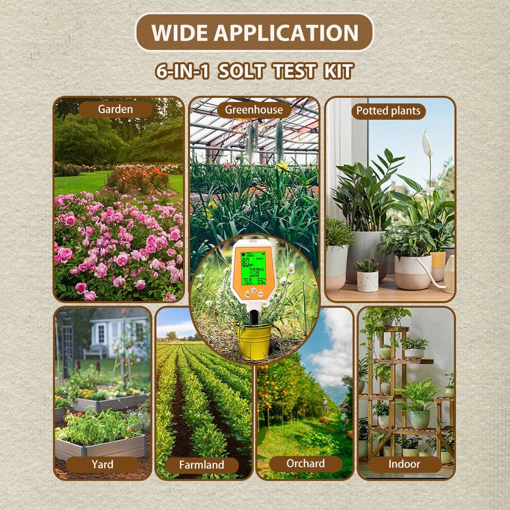 6-in-1 High Accuracy Soil Tester: pH, EC, Moisture, Light, Air Humidity, Temperature Digital Hygrometer with Removable Panel for Gardening & Farming