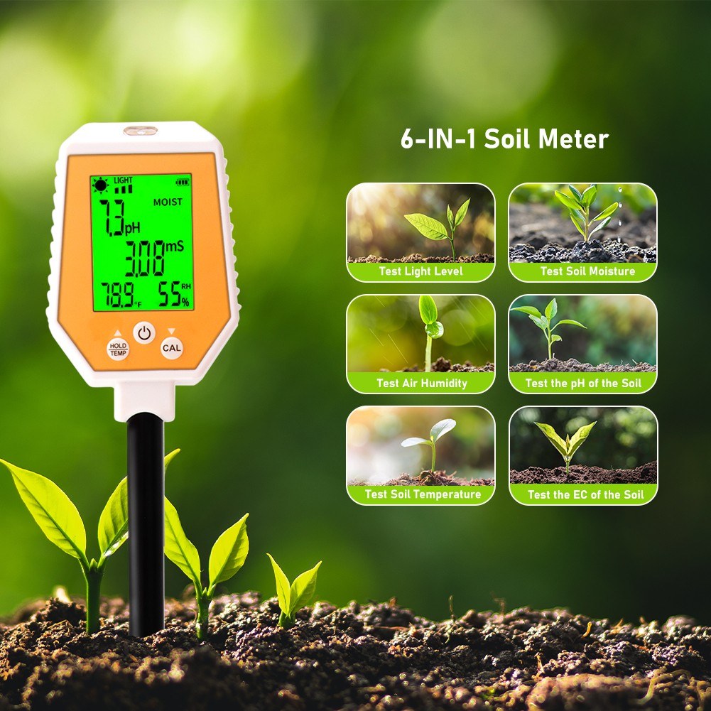 6-in-1 High Accuracy Soil Tester: pH, EC, Moisture, Light, Air Humidity, Temperature Digital Hygrometer with Removable Panel for Gardening & Farming