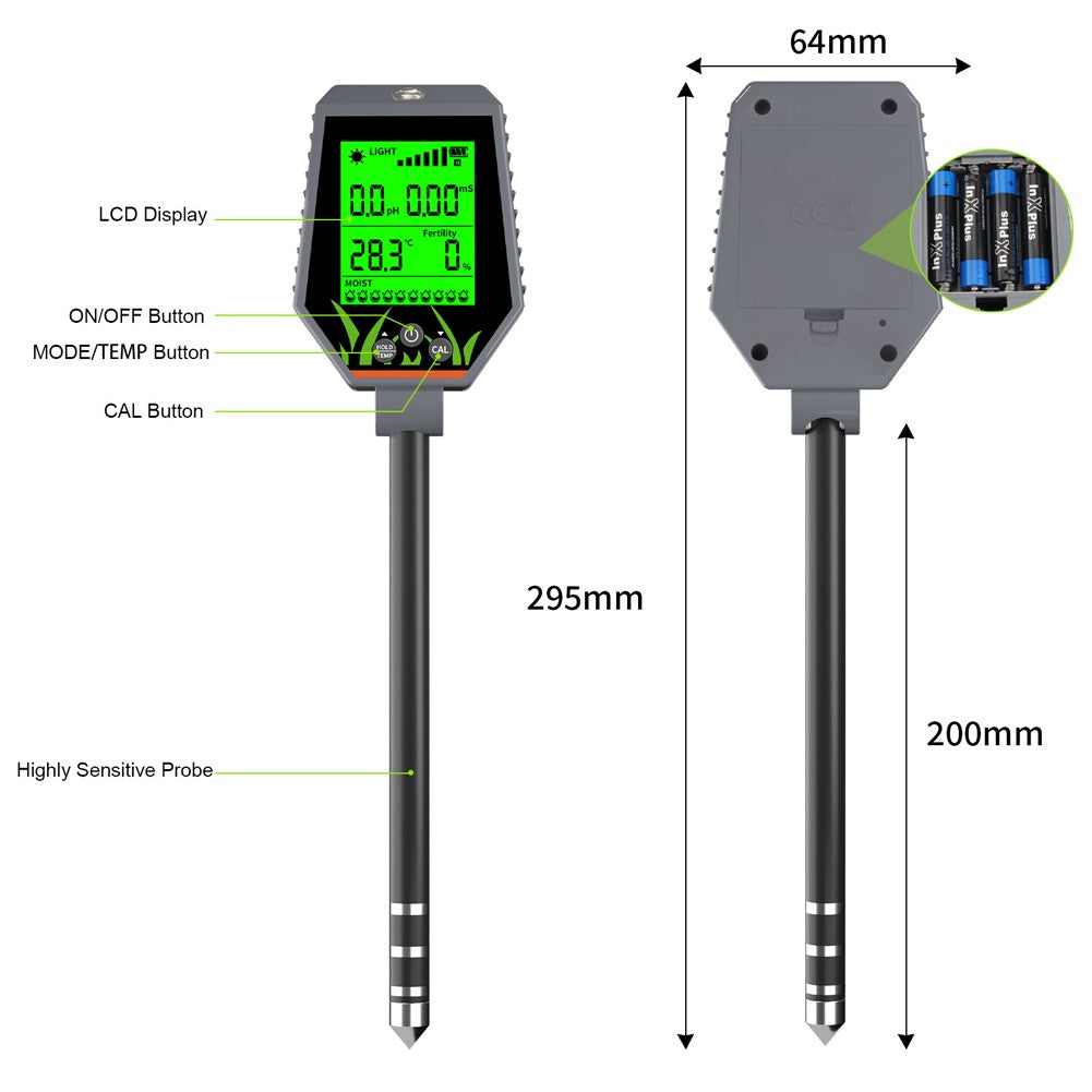 6-in-1 Handheld Soil Tester: PH, EC, Sunlight, Fertility, Temperature, Moisture Detector for Garden Planting