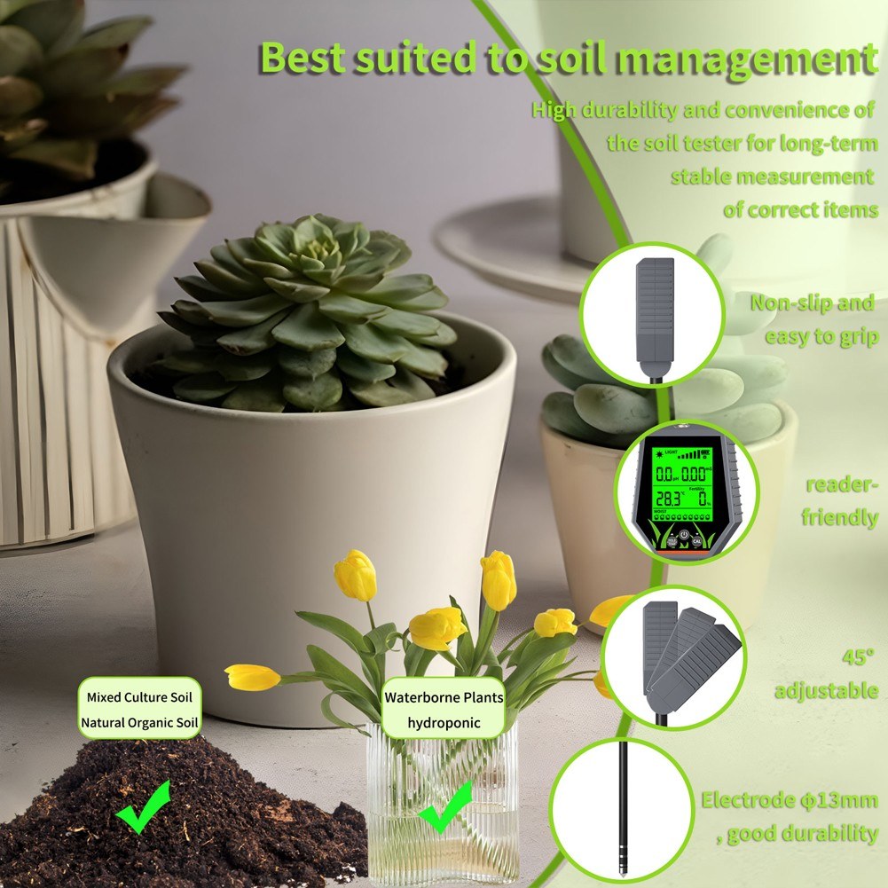 6-in-1 Handheld Soil Tester: PH, EC, Sunlight, Fertility, Temperature, Moisture Detector for Garden Planting