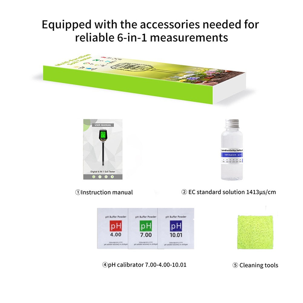 6-in-1 Handheld Soil Tester: PH, EC, Sunlight, Fertility, Temperature, Moisture Detector for Garden Planting