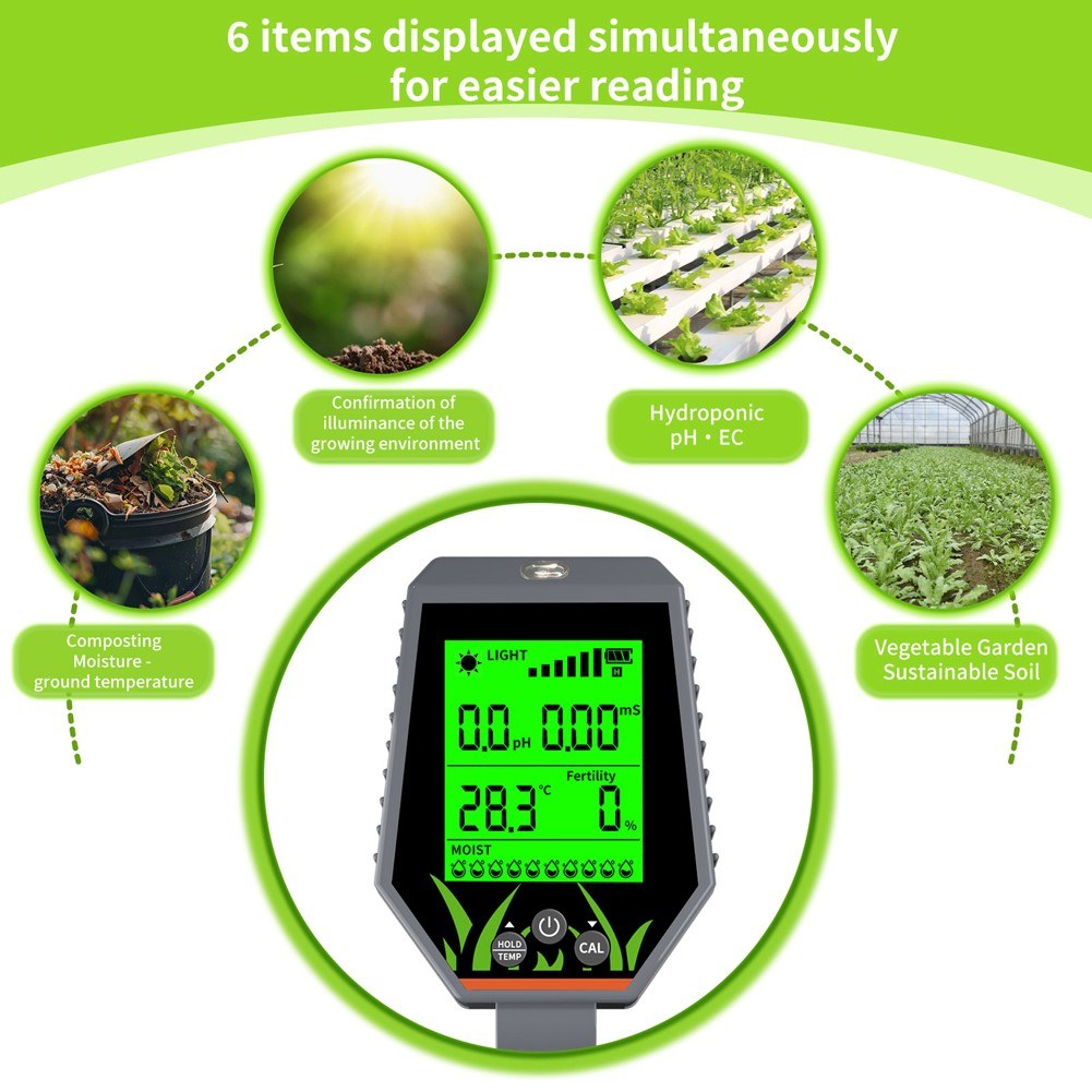 6-in-1 Handheld Soil Tester: PH, EC, Sunlight, Fertility, Temperature, Moisture Detector for Garden Planting