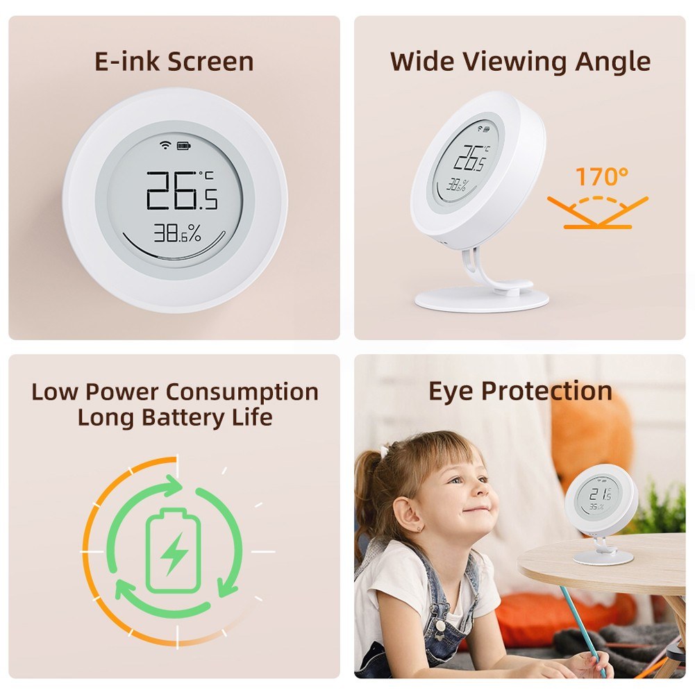 Tuya ZigBee Smart Temp & Humidity Sensor | E-ink Display Hygrometer | Compatible with Google Home & Alexa | Portable for Home & Office Use