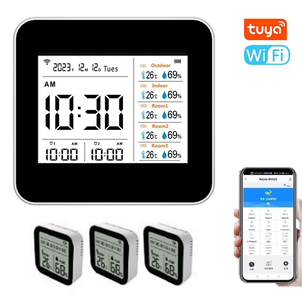 13-in-1 Tuya WiFi Smart Thermometer Hygrometer - Indoor Temperature & Humidity Monitor with Time/Calendar/Alarm, Remote App Control for Home/Office