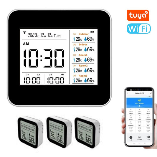 13-in-1 Tuya WiFi Smart Thermometer Hygrometer - Indoor Temperature & Humidity Monitor with Time/Calendar/Alarm, Remote App Control for Home/Office