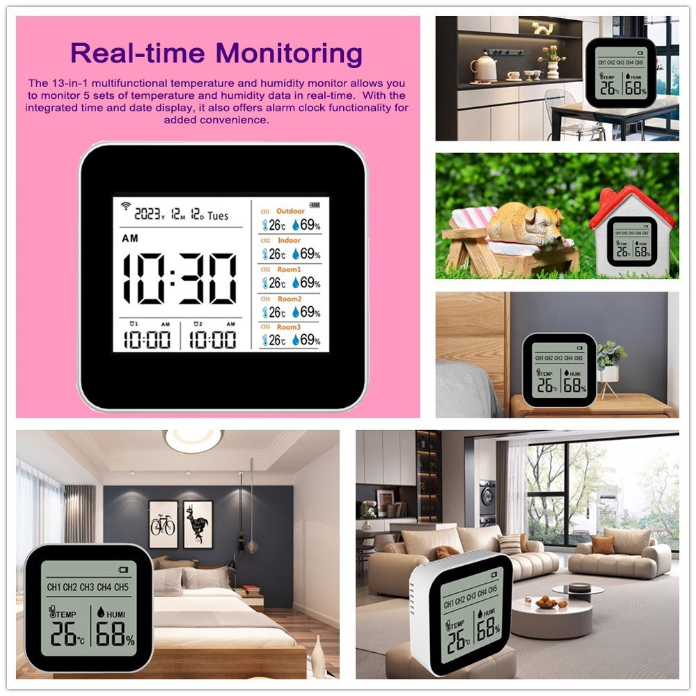 13-in-1 Tuya WiFi Smart Thermometer Hygrometer - Indoor Temperature & Humidity Monitor with Time/Calendar/Alarm, Remote App Control for Home/Office