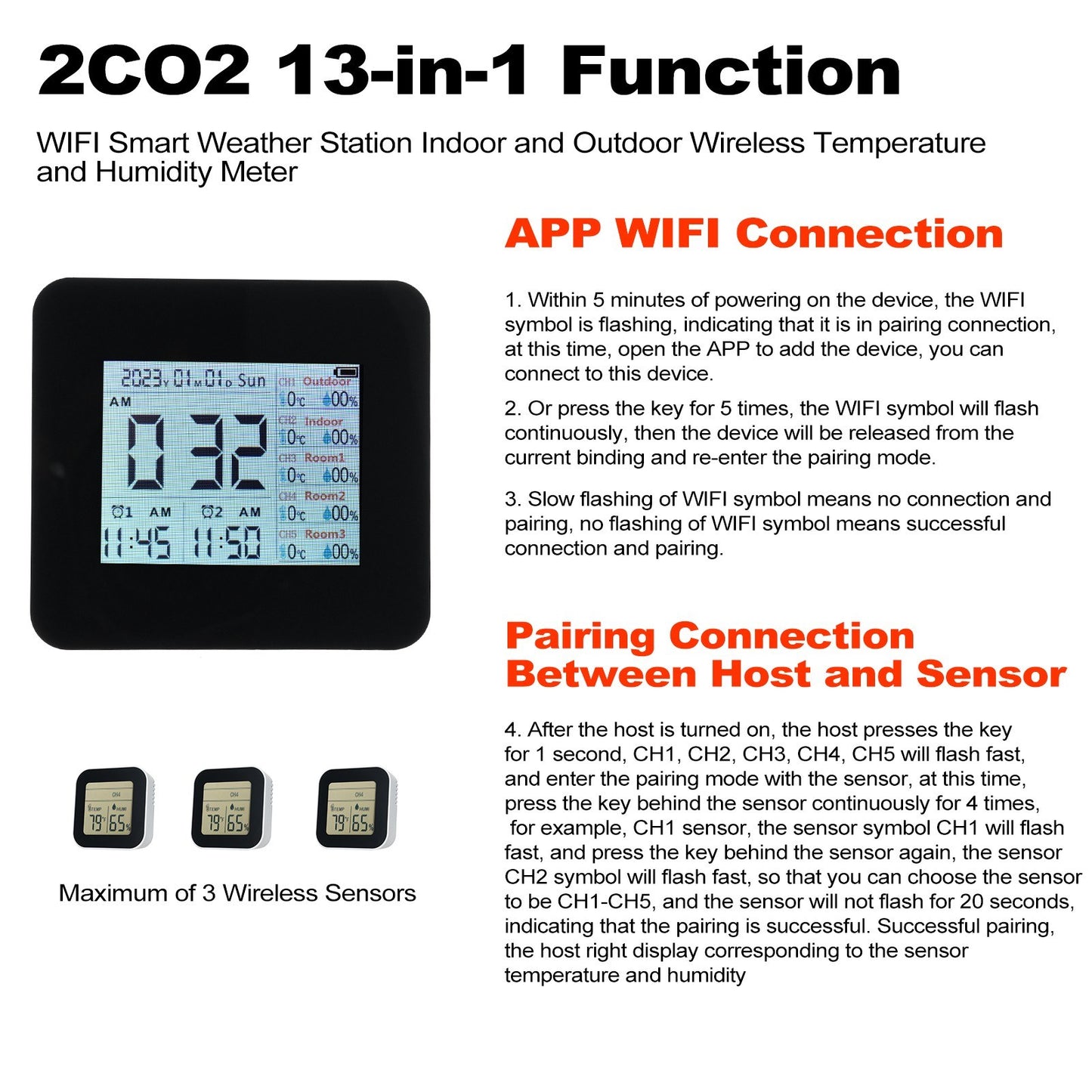 13-in-1 Wireless Weather Station: Digital Hygrometer/Thermometer with 3 Sensors, Indoor/Outdoor Temperature & Humidity Monitor, 60M Range