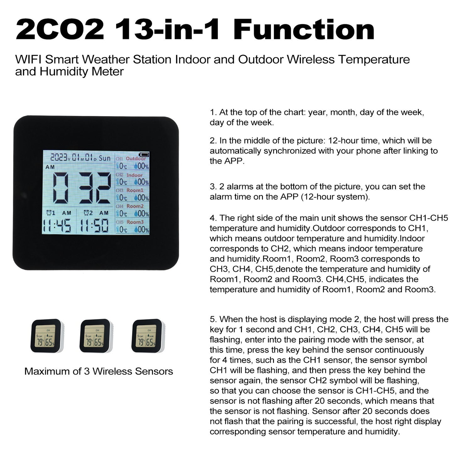 13-in-1 Wireless Weather Station: Digital Hygrometer/Thermometer with 3 Sensors, Indoor/Outdoor Temperature & Humidity Monitor, 60M Range