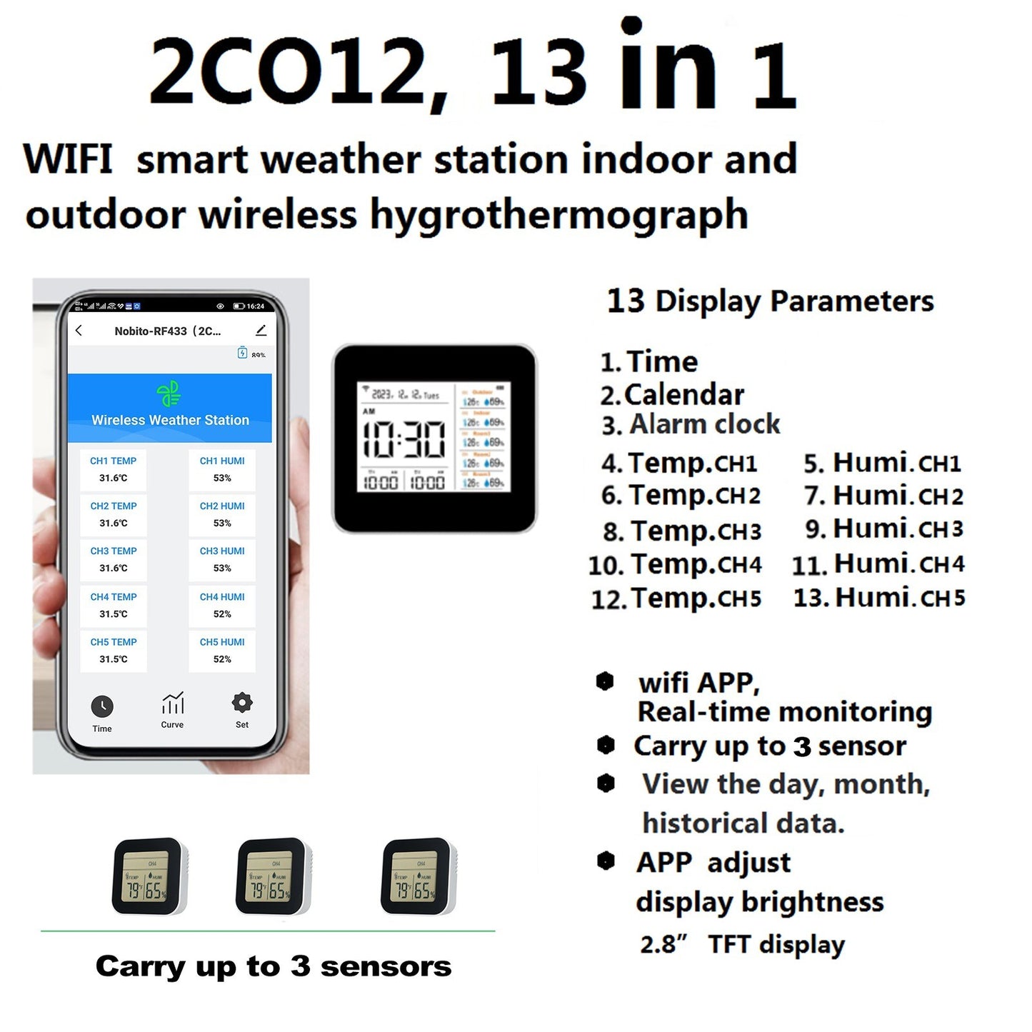 13-in-1 Wireless Weather Station: Digital Hygrometer/Thermometer with 3 Sensors, Indoor/Outdoor Temperature & Humidity Monitor, 60M Range