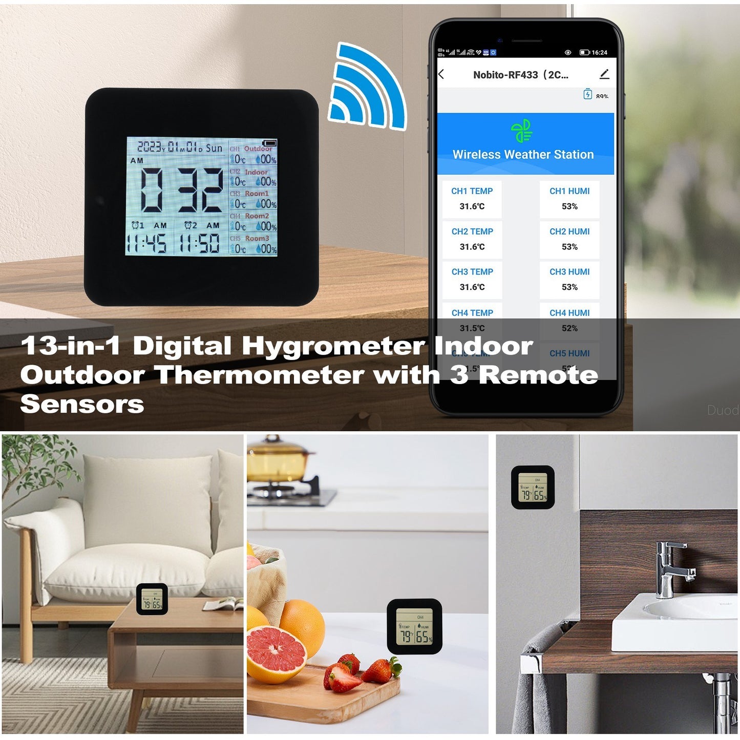 13-in-1 Wireless Weather Station: Digital Hygrometer/Thermometer with 3 Sensors, Indoor/Outdoor Temperature & Humidity Monitor, 60M Range