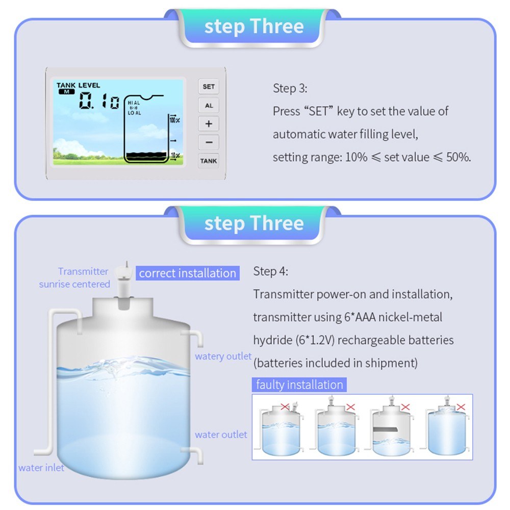 Ultrasonic Wireless Water Tank Level Gauge with Temperature Sensor and Time Display