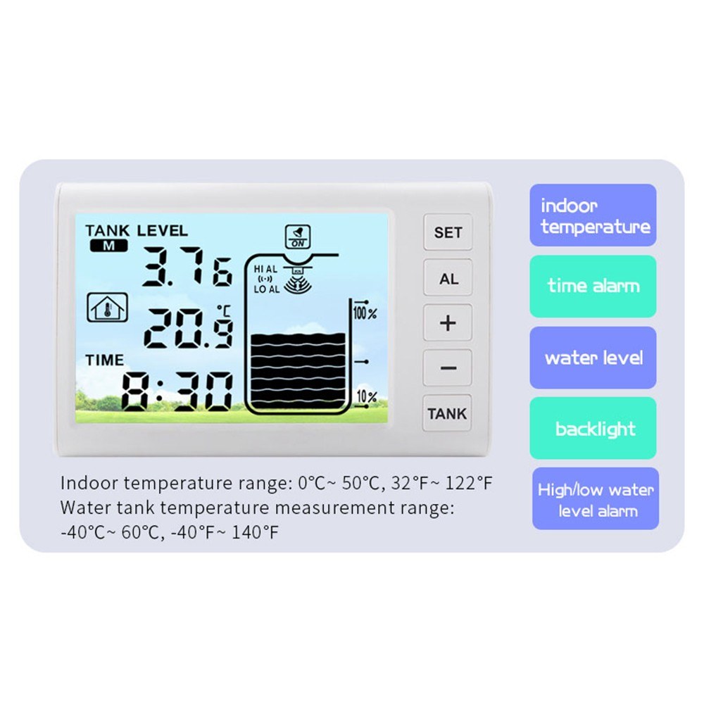 Ultrasonic Wireless Water Tank Level Gauge with Temperature Sensor and Time Display