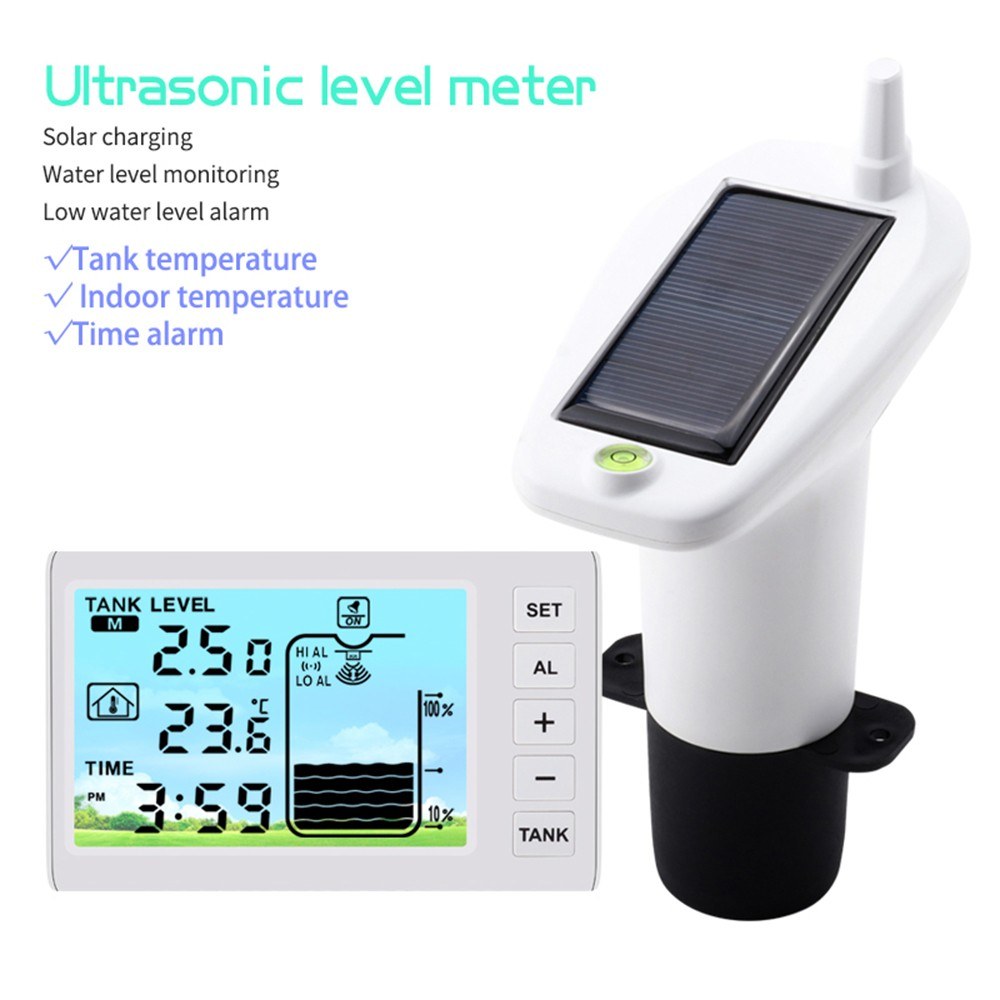 Solar-Powered Wireless Ultrasonic Water Level Monitor with High/Low Alarm and IP65 Waterproof Indicator Gauge